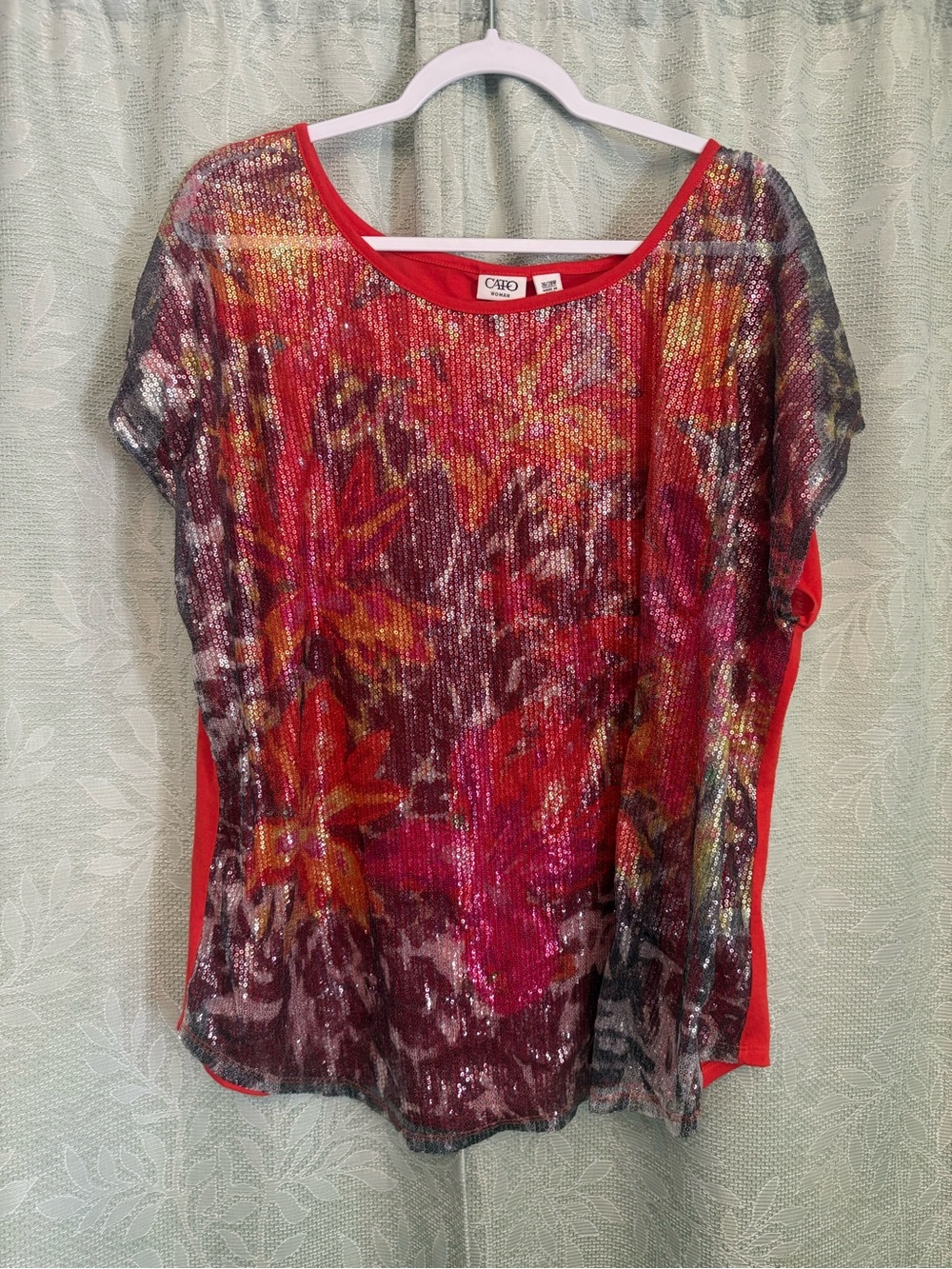 Cato Multicolor Sequin Short-Sleeve Top with Red Trim